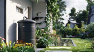 Regenwassertank neben Hauswand in moderner Gartenanlage mit Blumenbeet, Teich und gepflegtem Rasen